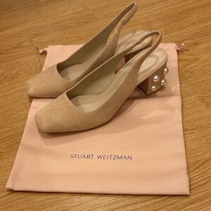 Stuart Weitzman Beige Slingback Heels with Pearl Detail